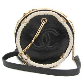 Chanel Coco Mark Round Chain Shoulder Bag Black Beige