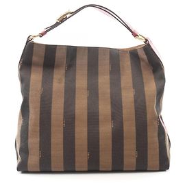 Bolsa de Ombro Fendi Pequin Marrom Preto Rosa