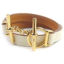 Hermès Hermes Croisier Double Tour Swift Leather Bracelet Size 17 Beige