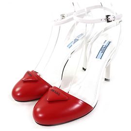 Prada Triangle Logo Strap Leather Pumps Red