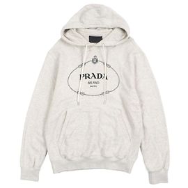 Prada Logo bestickter Baumwoll-Hoodie Grau