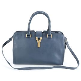 Yves Saint Laurent YSL Petite Cabas Y-Line Leather Shoulder Bag Navy blue