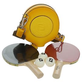FENDI Ping Pong Racket Case Shoulder Bag Leather Yellow Silver Auth 166245SM Silvery Yellow