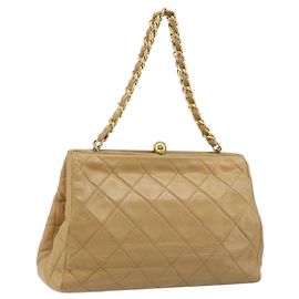 CHANEL Bolsa de Ombro Matelassé em Couro de Cordeiro Bege Ouro CC Auth 171543 Bege Dourado
