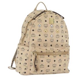 MCM Logogram Vicetos Backpack PVC Leather Beige Gold Silver Auth BA11136 Silvery Beige Golden