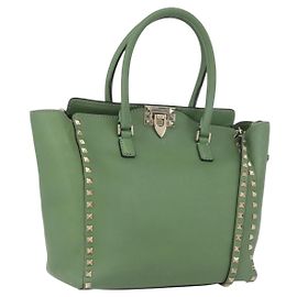 VALENTINO Bolso Rock Studs de cuero 2 en 1 verde dorado Auth BA11265 Dorado Verde