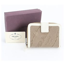 Prada Logo Jacquard Leather Bi-fold Wallet White Beige
