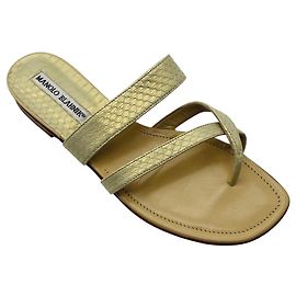 Manolo Blahnik Champagne Metallic Snake Embossed Leather Flat Slide Sandals Metallic
