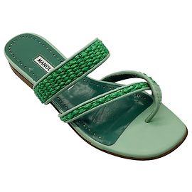 Sandálias de slide em couro e ráfia verde menta Manolo Blahnik Verde