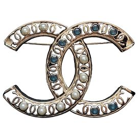 Broche Chanel CC Dourado Champanhe e Pérolas Turquesa Gold hardware