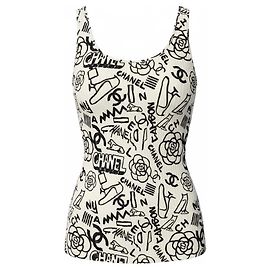 Chanel 19A Paris-New York Ägypten Graffiti Tanktop Bluse FR 36 Schwarz Weiß