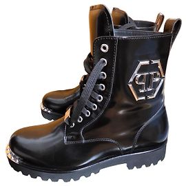 Philipp Plein black leather boots with logo, like new, size 42 EU Black