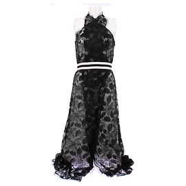 Chanel Schwarzes langes Spitzenkleid Schwarz