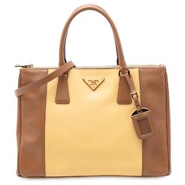 Bolsa Prada Galleria Double Zip em Saffiano Lux bicolor bege médio Bege