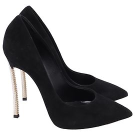 Casadei Pearl Embellished Heel Pumps in Black Suede Black