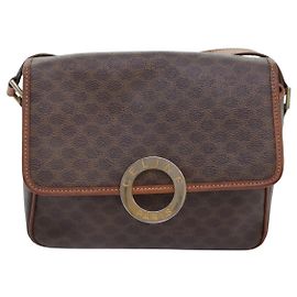 Céline Celine Vintage Macadam Circle Logo Shoulder Bag Canvas and Leather Brown