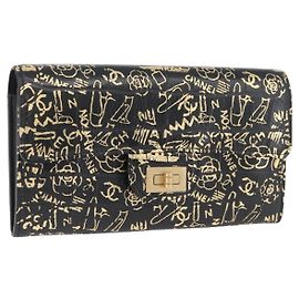 CHANEL 2.55 Cartera Larga Croco Grabada Negra Dorada CC Auth 172450SAV Negro Dorado