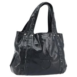Bolsa de mão Gancini em couro preto e prata da Salvatore Ferragamo Auth BA10955 Preto Prata