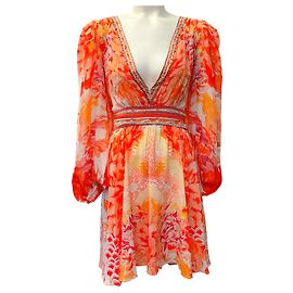 Blouson Flared Kleid aus Seide Orange / Weiß Drachenmutter Camilla Orange