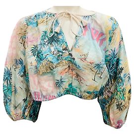 Zimmermann Blue Multi Vacay Puff Sleeve Crop Top Blue