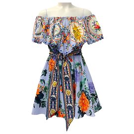 Robe courte à volants sans épaules en coton multicolore Camilla Purple Violet