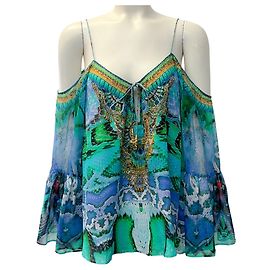 Camilla Top in seta blu / turchese con spalle scese e cristalli Blu