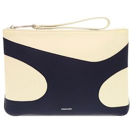 Salvatore Ferragamo Ferragamo White Bicolor Pebbled Leather Clutch White Cream