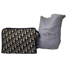 Clutch in tela monogramma obliquo Dior vintage in pelle blu navy e beige Beige