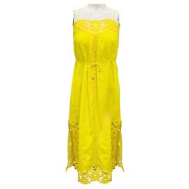Vestido midi de lino amarillo con broderie anglaise Zimmermann Amarillo