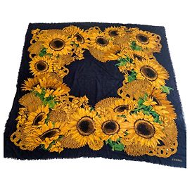 Lenço de Lã e Seda Chanel Girassóis Verde Amarelo Azul marinho