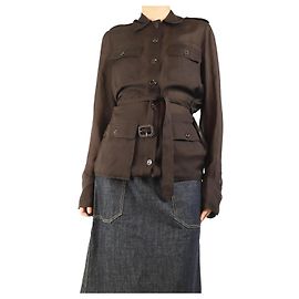 Saint Laurent Camicia in seta trasparente marrone con cintura - taglia UK 10 Marrone