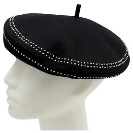 NEW CHRISTIAN DIOR BLACK WOOL BERET HAT T54 PEARLS STRASS WOOL CAP Black