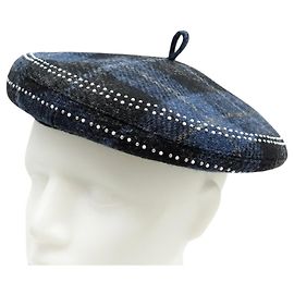 NEW CHRISTIAN DIOR BERET T55 PEARLS & STRASS BLUE TARTAN WOOL HAT Blue