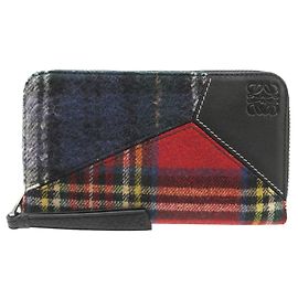 Like new Loewe Puzzle Tartan Check Round Zip Wool Leather Multicolor Long Wallet LOEWE Black