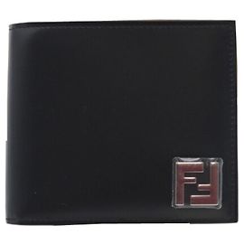 FENDI FF Motif Fabric Leather Compact Wallet Bifold Black Men's Black
