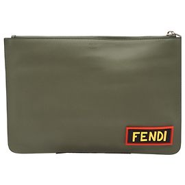 FENDI Logo Leather Clutch Bag, Multicolore, , Khaki Leather, Men's Multiple colors