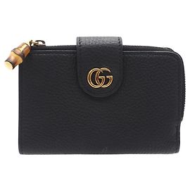 GUCCI Medium Wallet with Double G Bamboo Leather , Black Leather, Women's Black