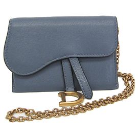 Christian Dior Saddle Chain Shoulder Mini Pouch Women's Leather Pouch,Shoulder Bag Blue Blue