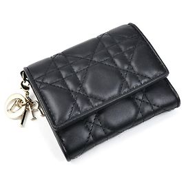 Christian Dior Dior Cannage Lotus Wallet, fold Black, , Women's Black