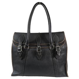 Borsa in pelle Selleria FENDI/Tote/Sacchetto per Documenti con design cucito e placca logo, nera, per uomini e donne Nero