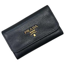 Prada -Key Case Black NERO Leather E PRADA Key Holder Men's Women's Black
