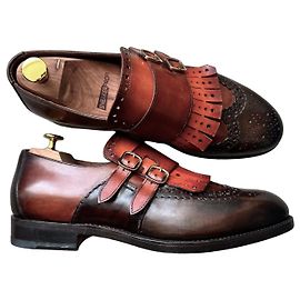 Mocassins Santoni de couro marrom e bordô com franjas Marrom Caramelo