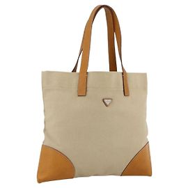PRADA Tote Bag Canvas Beige Silver Auth bs33740 Silvery Beige