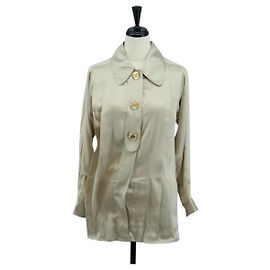 CHANEL COCO Marke Bluse Langarm-T-Shirt Seide Größe 38 Beige CC Auth ARZ187V Beige