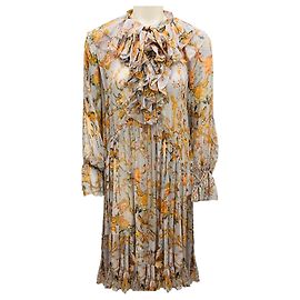 Vestido de chiffon de seda impressa multicolorido Zimmermann cinza / amarelo mostarda Multicor