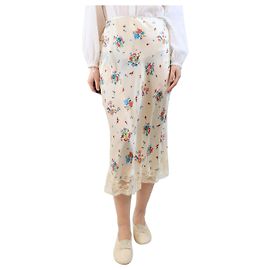 Paco Rabanne Cremefarbene Satin-Midi-Rock mit Blumen - Größe UK 8 Roh
