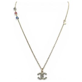 NUOVO COLLANA CHANEL LOGO CC STRASS PERLE MULTICOLORI 59,5CM ORO D'oro