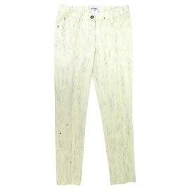NEW CHANEL PANTS MARBLE EFFECT CC LOGO BUTTON P43196V31291 SIZE 36 Cream