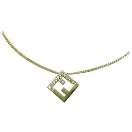Fendi Logo Rhinestone Necklace Gold Metal Golden Metallic