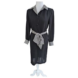 Céline Vestido negro Celine con acentos de vichy Negro Blanco